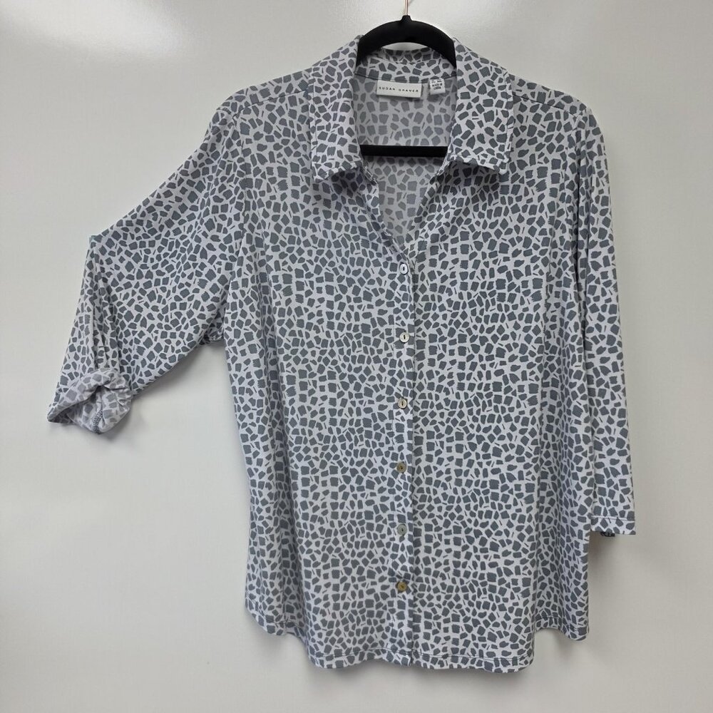 Susan Graver Shirt Womens 1X Gray Geometric Button Front 3/4 Sleeve Tunic Top